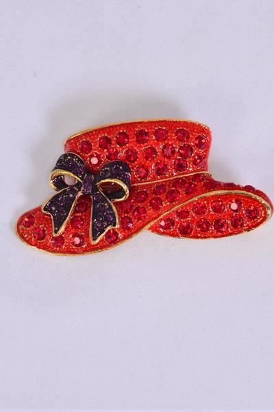 Brooch Red Hat Rhinestones/PC Size-2.25"x1.25" Wide,Display Card & OPP Bag