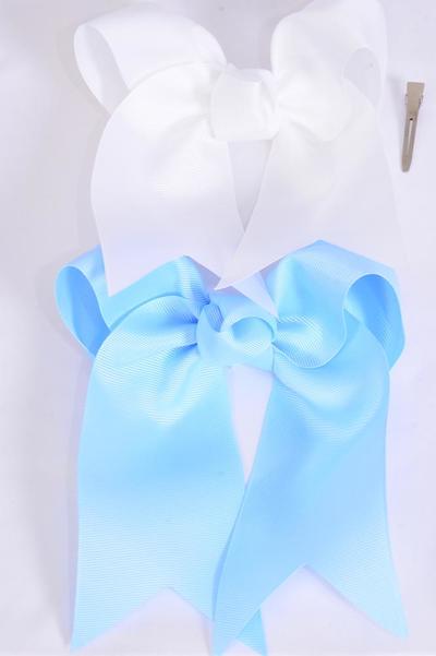 Hair Bow Extra Jumbo Long Tail Cheer Type Bow Sky Blue & White Mix Grosgrain Bow-tie / 12 pcs Bow = Dozen Alligator Clip , Size-6.5"x 6" Wide , 6 White , 6 Baby Blue Color Asst , Clip Strip & UPC Code