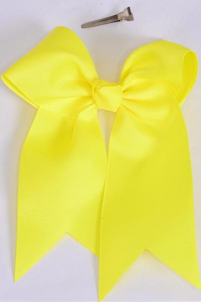 Hair Bow Extra Jumbo Long Tail Cheer Type Bow Neon Yellow Grosgrain Bow-tie / 12 pcs Bow = Dozen  Neon Yellow , Alligator Clip , Size - 6.5" x 6" Wide , Clip Strip & UPC Code