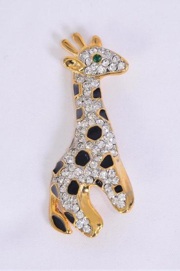 Brooch Giraffe Enamel Rhinestones / 12 pcs = Dozen Size - 2.5" x 1" Wide , w Display Card & OPP Bag