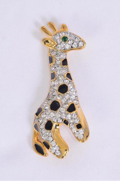 Brooch Giraffe Enamel Rhinestones / 12 pcs = Dozen Size - 2.5" x 1" Wide , w Display Card & OPP Bag