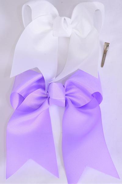Hair Bow Extra Jumbo Long Tail Cheer Type Bow Lavender & White Mix Grosgrain Bow-tie /  12 pcs Bow = Dozen Alligator Clip , Size-6.5"x 6" Wide , 6 Lavender , 6 white Color Asst , Clip Strip & UPC Code