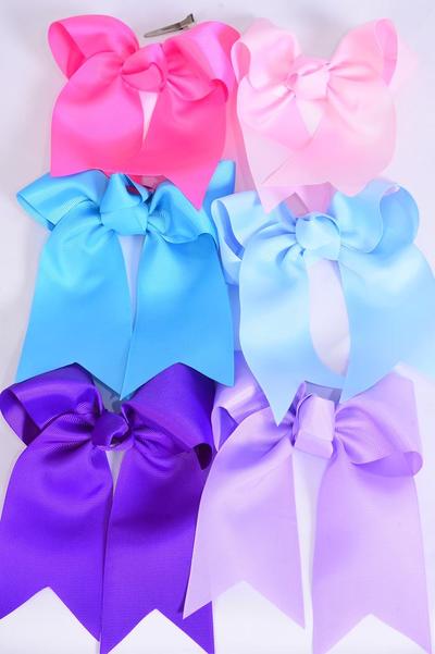 Hair Bow Extra Jumbo Long Tail Cheer Type Bow Spring Mix  Grosgrain Bow-tie / 12 pcs Bow = Dozen   Alligator Clip , Size - 6.5" x 6" Wide , 2 Baby Pink , 2 Hot Pink , 2 Lavender , 2 Purple , 2 baby Blue , 2 Turquoise Mix , Clip Strip and UPC Code