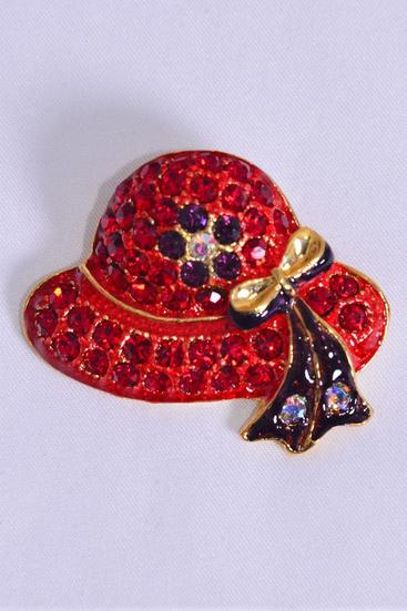 Brooch Red Hat Rhinestone / PC Red Hat , Size - 1.75" x 1.25" Wide , Display Card & OPP Bag