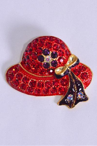 Brooch Red Hat Rhinestone / PC Red Hat , Size - 1.75" x 1.25" Wide , Display Card & OPP Bag
