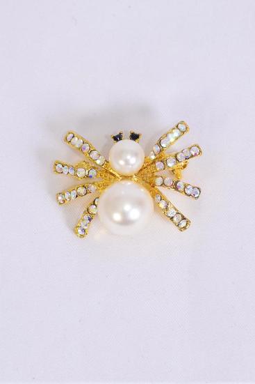 Brooch Spider Gold Cream Pearl Rhinestones/PC **Gold** Size-1.25"x 1" Wide,Display Card & OPP Bag & UPC Code