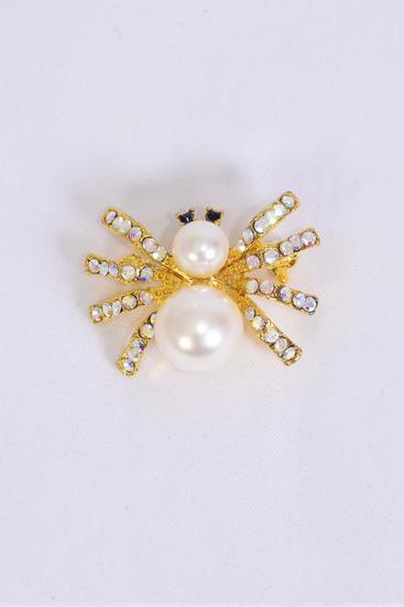 Brooch Spider Pearl Rhinestones Gold / 12 PCS = Dozen Gold , Size - 1.25" x 1" Wide , Display Card & OPP Bag & UPC Code
