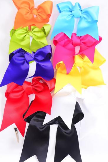Hair Bow Extra Jumbo Long Tail Cheer Type Bow Multi Alligator Grosgrain Bow-tie / 12 pcs Bow = Dozen Alligator Clip , Size - 6.5" x 6" Wide , 1 Bk , 1 Fuchsia , 2 Purple , 2 Yellow , 2 Turquoise , 2 Lime , 2 Orange Color Asst . clip Strip W UPC Code