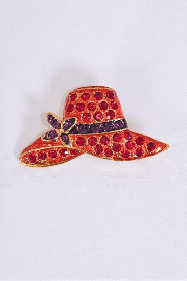 Brooch Red Hat Rhinestone/PC Size-1.5"x 0.75" Wide,Display Card & OPP Bag