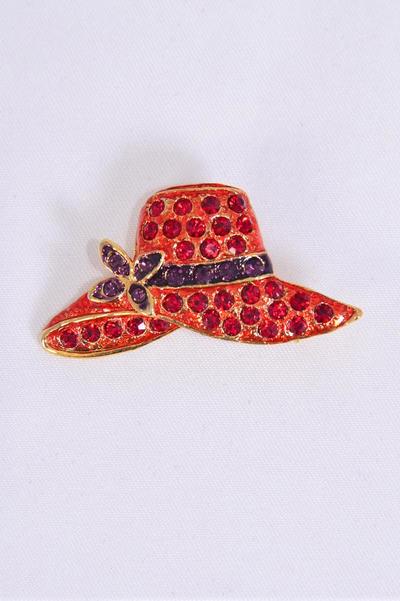 Brooch Red Hat Rhinestone / PC Size - 1.5" x 0.75" Wide , Display Card & OPP Bag