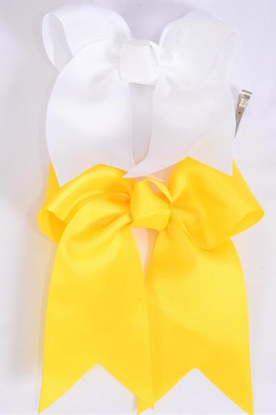 Hair Bow Extra Jumbo Long Tail  Daffodil Yellow & White Alligator Clip Grosgrain Bow-tie / 12 pcs Bow = Dozen Alligator Clip , Size - 6.5" x 6" Wide , 6 Daffodil Yellow , 6 White Asst , Clip Strip & UPC Code