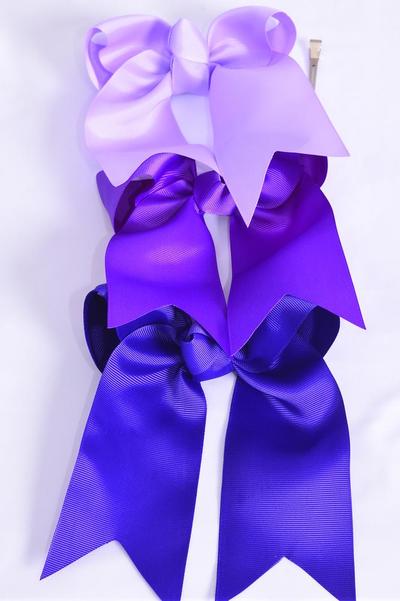 Hair Bow Extra Jumbo Long Tail Cheer Type Bow Purple Mix Grosgrain Bow-tie / 12 pcs Bow = Dozen  Alligator Clip , Size-6.5"x 6" Wide , 4 Purple ,4 Lilac , 4 Lavender Color Asst , Clip Strip & UPC Code