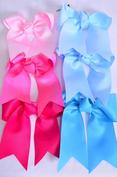 Hair Bow Extra Jumbo Long Tail Cheer Type Bow Pink Blue Mix Grosgrain Bow-tie / 12 pcs Bow = Dozen Alligator Clip , Size - 6.5" x 6" Wide , 2 Baby Pink , 2 Hot Pink , 2 Fuchsia , 2 Baby Blue , 2 Sky Blue , 2 Turquoise Mix , Clip Strip and UPC Code