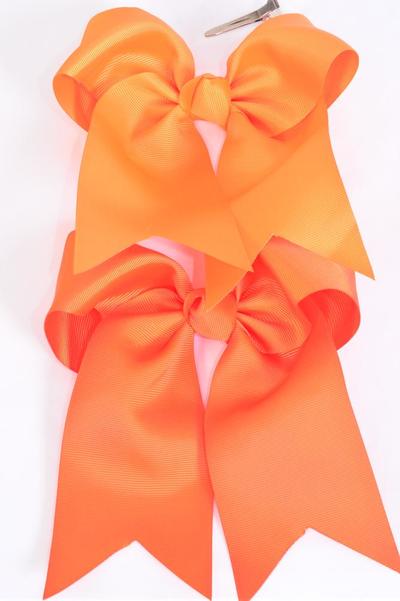 Hair Bow Extra Jumbo Long Tail Cheer Bow Type  Orange Mix Grosgrain Bow-tie / 12 pcs Bow = Dozen Orange , Size - 6.5" x 6" Wide , Alligator Clip , 6 Tangerine , 6 Autumn Orange Color Asst , Clip Strip & UPC Code