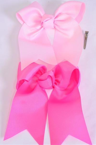 Hair Bow Extra Jumbo Long Tail Cheer Type Bow Baby Pink Hot Pink Mix Grosgrain Bow-tie / 12 pcs Bow = Dozen  Alligator Clip, Size-6.5" x 6" Wide , 6 Baby Pink , 6 Hot Pink Mix , Clip Strip & UPC Code