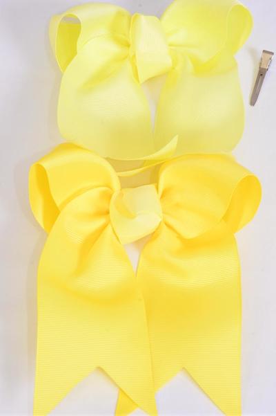 Hair Bow Extra Jumbo Long Tail Cheer Type Bow baby Yellow Mix Grosgrain Bow-tie / 12 pcs Bow = Dozen Baby Yellow Mix , Alligator Clip , Size- 6.5" x 6" Wide , 6 Baby Yellow , 6 Lemon Yellow Color Asst , Clip Strip & UPC Code