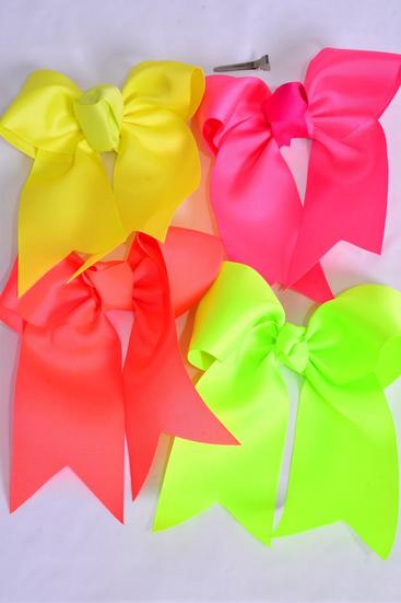 Hair Bow Extra Jumbo Long Tail Cheer Type Bow  Neon Grosgrain Bow-tie / 12 pcs Bow = Dozen  Alligator Clip , Bow-6.5"x 6" Wide , 3 Neon Pink , 3 Neon Yellow , 3 Neon Orange , 3 Neon Green Color Asst , Clip Strip & UPC Code
