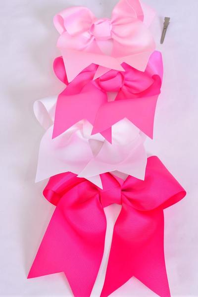 Hair Bow Extra Jumbo Long Tail Cheer Type Bow Pink Mix Grosgrain Bow-tie / 12 pcs Bow = Dozen Pink Mix , Alligator Clip , Size - 6.5" x 6" Wide , 3 White , 3 Pearl Pink , 3 Hot Pink , 3 Fuchsia Color Asst , Clip Strip and UPC Code