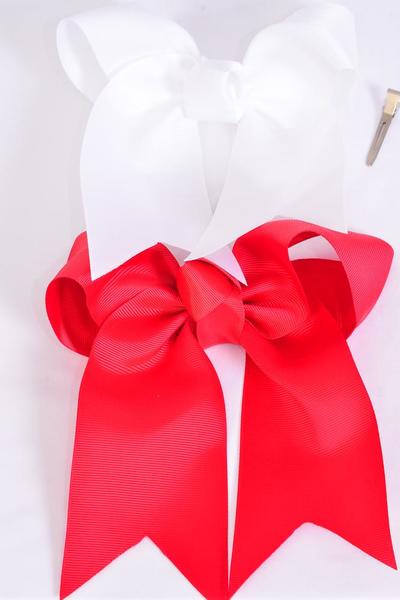 Hair Bow Extra Jumbo Long Tail Cheer Type Bow Red & White Mix Grosgrain Bow-tie / 12 pcs Bow = Dozen Alligator Clip , Size-6.5"x 6" Wide , 6 Red , 6 White Mix , Clip Strip & UPC Code
