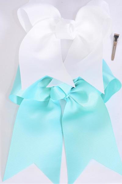 Hair Bow Extra Jumbo Long Tail Cheer Type Bow Aqua White Mix Grosgrain Bow-tie / 12 pcs Bow = Dozen  Alligator Clip , Size - 6.5" x 6" Wide , 6 Aqua , 6 White Asst , Clip Strip & UPC Code