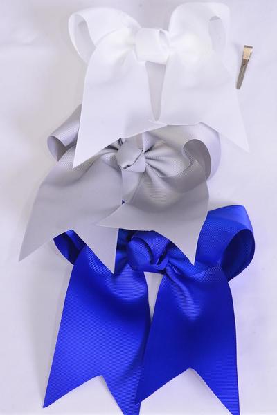 Hair Bow Extra Jumbo Long Tail Gray & Royal Blue & White Mix Grosgrain Bow-tie /  12 pcs Bow = Dozen Alligator Clip , Size-6.5"x 6" Wide , 4 of each Color Asst , Strip & UPC Code