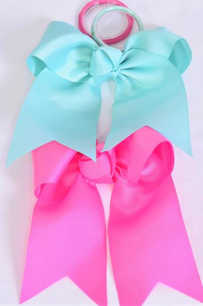 Hair Bow Extra Jumbo Long Tail Cheer Type Bow Elastic Pony Aqua & Hot Pink Mix Grosgrain Bow-tie / Dozen Aqua & Hot Pink Mix , Elastic , Size-6.5"x 6" Wide , 6 Aqua , 6 Hot Pink Color Asst , Clip Strip & UPC Code