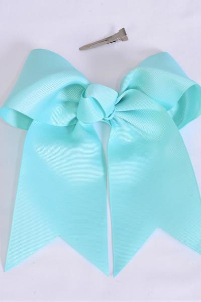Hair Bow Extra Jumbo Long Tail Cheer Type Bow Aqua Grosgrain Bow-tie / 12 pcs Bow = Dozen Aqua , Alligator Clip , Size - 6.5" x 6" Wide , Clip Strip & UPC Code