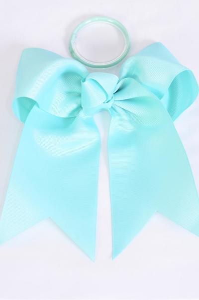 Hair Bow Extra Jumbo Long Tail Cheer Type Bow Mint Green Grosgrain Bow-tie / 12 pcs Bow = Dozen Mint Green , Elastic , Size - 6.5" x 6" Wide , Clip Strip and UPC Code