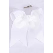 Hair Bow Extra Jumbo Long Tail Cheer Type Bow White Grosgrain Bow-tie/DZ **White** Alligator Clip,Size-6.5"x 6",Clip Strip & UPC Code