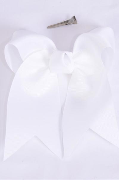 Hair Bow Extra Jumbo Long Tail Cheer Type Bow White Grosgrain Bow-tie / 12 pcs Bow = Dozen White , Alligator Clip , Size-6.5"x 6", Clip Strip & UPC Code