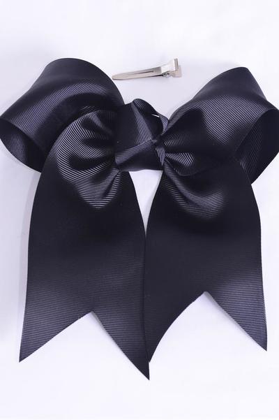 Hair Bow Extra Jumbo Long Tail Cheer Type Bow Black Grosgrain Bow-tie / 12 pcs Bow = Dozen  Black , Alligator Clip , Size-6.5"x 6" Wide , Clip Strip & UPC Code