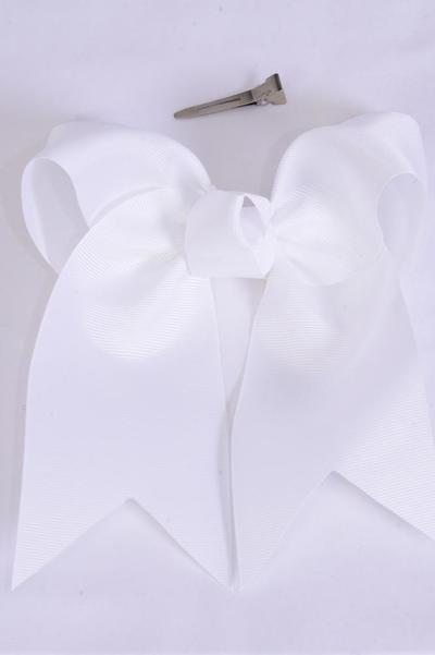 Hair Bow Extra Jumbo Long Tail Cheer Type Bow  White Grosgrain Bow-tie /12 pcs Bow = Dozen  White , Alligator Clip , Size-6.5"x 6" Wide, Clip Strip & UPC Code