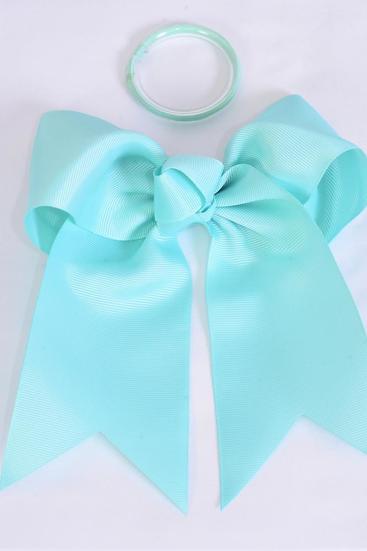 Hair Bow Extra Jumbo Long Tail Cheer Type Bow Aqua Elastic Grosgrain Bow-tie / 12 pcs Bow = Dozen Aqua , Elastic , Size-6.5"x 6" Wide , Clip Strip & UPC Code