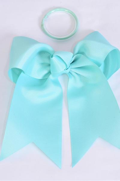 Hair Bow Extra Jumbo Long Tail Cheer Type Bow Aqua Elastic Grosgrain Bow-tie / 12 pcs Bow = Dozen Aqua , Elastic , Size-6.5"x 6" Wide , Clip Strip & UPC Code