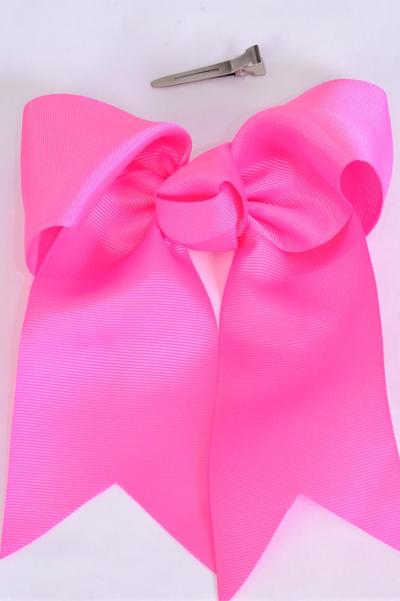 Hair Bow Extra Jumbo Long Tail Cheer Type Bow Hot Pink Grosgrain Bow-tie / 12 pcs Bow = Dozen Alligator Clip , Size-6.5"x 6", Clip Strip & UPC Code