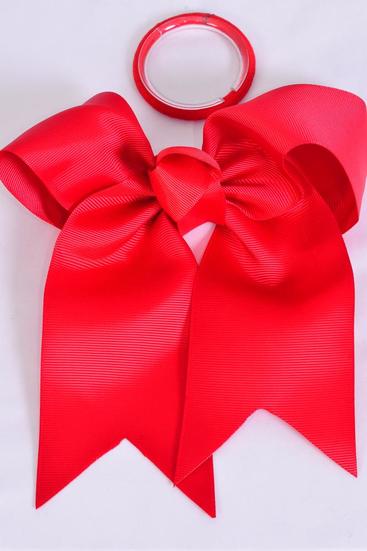 Hair Bow Extra Jumbo Long Tail Cheer Type Bow  Red Elastic Grosgrain Bow-tie / 12 pcs Bow = Dozen Elastic , Size - 6.5" x 6" Wide , Clip Strip & UPC Code
