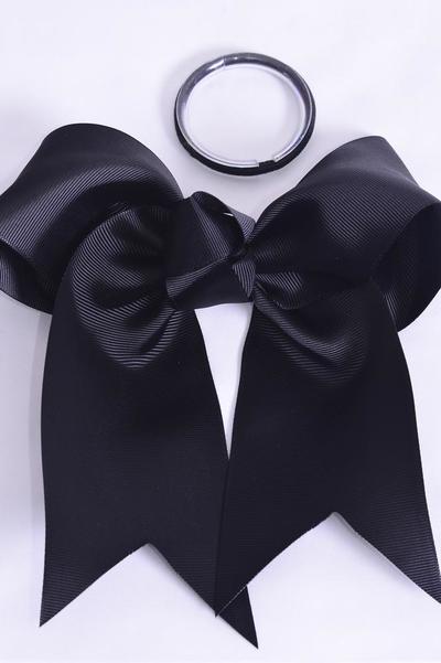 Hair Bow Extra Jumbo Long Tail Cheer Type Bow Black Elastic Grosgrain Bow-tie / 12 pcs Bow = Dozen Black , Elastic , Size-6.5"x 6" Wide , Clip Strip & UPC Code