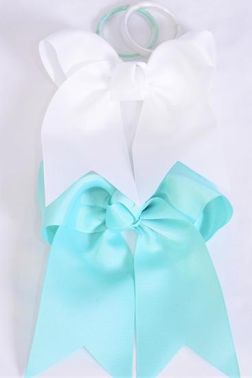 Hair Bow Extra Jumbo Long Tail Cheer Type Bow Elastic Aqua White Mix Grosgrain Bow-tie / 12 pcs Bow = Dozen Elastic , Size - 6.5" x 6" Wide , 6 White , 6 Aqua Color Asst , Clip Strip & UPC Code