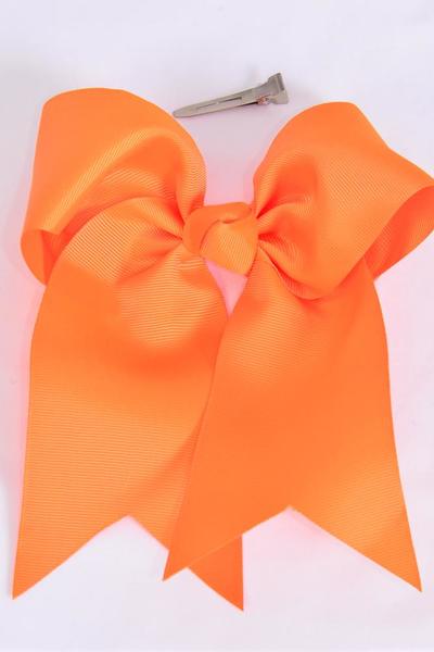Hair Bow Extra Jumbo Long Tail Cheer Bow Type Tangerine Orange Grosgrain Bow-tie / 12 pcs Bow = Dozen Size-6.5"x 6" Wide , Alligator Clip , Clip Strip & UPC Code