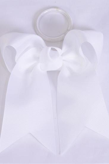 Hair Bow Extra Jumbo Long Tail Cheer Type Bow White Elastic Grosgrain Bow-tie / 12 pcs Bow = Dozen White , Elastic , Size - 6.5" x 6" Wide , Clip Strip & UPC Code