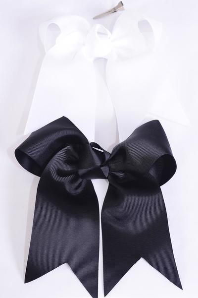Hair Bow Extra Jumbo Long Tail Black White Mix Grosgrain Bow-tie / 12 pcs Bow = Dozen Alligator Clip , Size - 6.5" x 6" Wide , 6 Black , 6 White Asst , Clip Strip & UPC Code