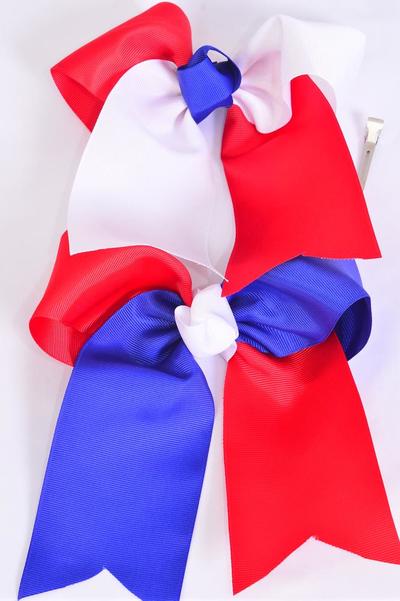 Hair Bow Extra Jumbo Long Tail Cheer Type Bow 4th of July Patriotic Grosgrain Bow-tie Red White Blue Mix / 12 pcs Bow = Dozen  Alligator Clip , Size-6.5"x 6" Wide , 6 Of Each Pattern Asst , Clip Strip & UPC Code