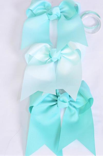 Hair Bow Extra Jumbo Long Tail Cheer Type Bow Elastic Mint Green Mix Grosgrain Bow-tie / 12 pcs Bow = Dozen Mint Green Mix , Elastic , Size - 6.5" x 6" Wide , 4 Tropic , 4 Aqua , 4 Mint Green Color Asst , Clip Strip and UPC Code