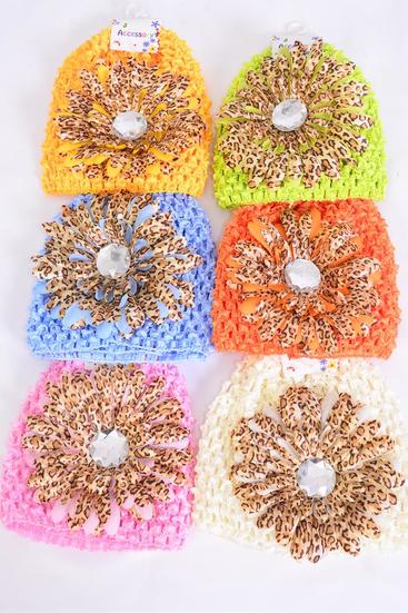 Kufi Hat Knitted Beanie Stretch Large Leopard Daisy Flower Multi / 12 pcs = Dozen Stretch , Flower Size - 4.5" Wide , 2 Pink , 2 Beige , 2 Yellow , 2 Blue , 2 Apple Green , 2 Orange Mix , Hang tag & UPC Code , Clear Box