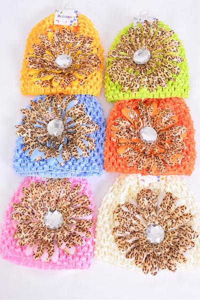 Kufi Hat Knitted Beanie Stretch Large Leopard Daisy Flower Multi / 12 pcs = Dozen Stretch , Flower Size - 4.5" Wide , 2 Pink , 2 Beige , 2 Yellow , 2 Blue , 2 Apple Green , 2 Orange Mix , Hang tag & UPC Code , Clear Box