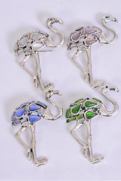 Brooch Flamingo Cateye w Rhinestone / 12 pcs = Dozen Size - 2.5" x 2" Wide , Disply Card & OPP bag , choose Colors