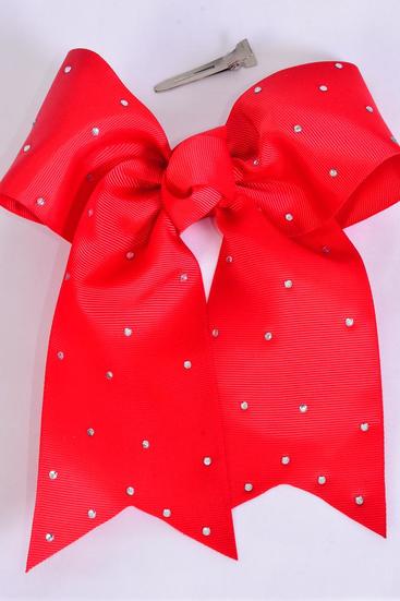 Hair Bow Extra Jumbo Long Tail Cheer Type Bow Red Clear Stone Studded Grosgrain Bow-tie / 12 pcs Bow = Dozen  Red , Alligator Clip , Size - 6.5" x 6" Wide , Clip Strip & UPC Code
