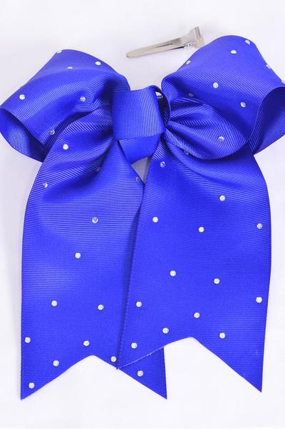 Hair Bow Extra Jumbo Long Tail Cheer Type Bow Royal Blue Clear Stone Studded Grosgrain Bow-tie / 12 pcs Bow = Dozen  Royal Blue, Alligator Clip , Size - 6.5" x 6" Wide , Clip Strip & UPC Code