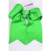 Hair Bow Extra Jumbo Long Tail Cheer Type Bow Green Clear Stone Studded Grosgrain Bow-tie/DZ **Green** Size-6.5"x 6" Wide,Clip Strip & UPC Code