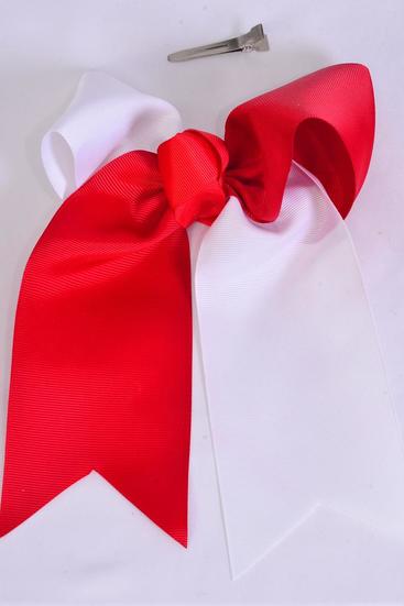 Hair Bow Extra Jumbo Long Tail Cheer Type Bow 2-tone Red & White Mix Alligator Clip Grosgrain Bow-tie/DZ **Red & White Mix** Alligator Clip,Size-6.5"x 6" Wide,Clip Strip & UPC Code